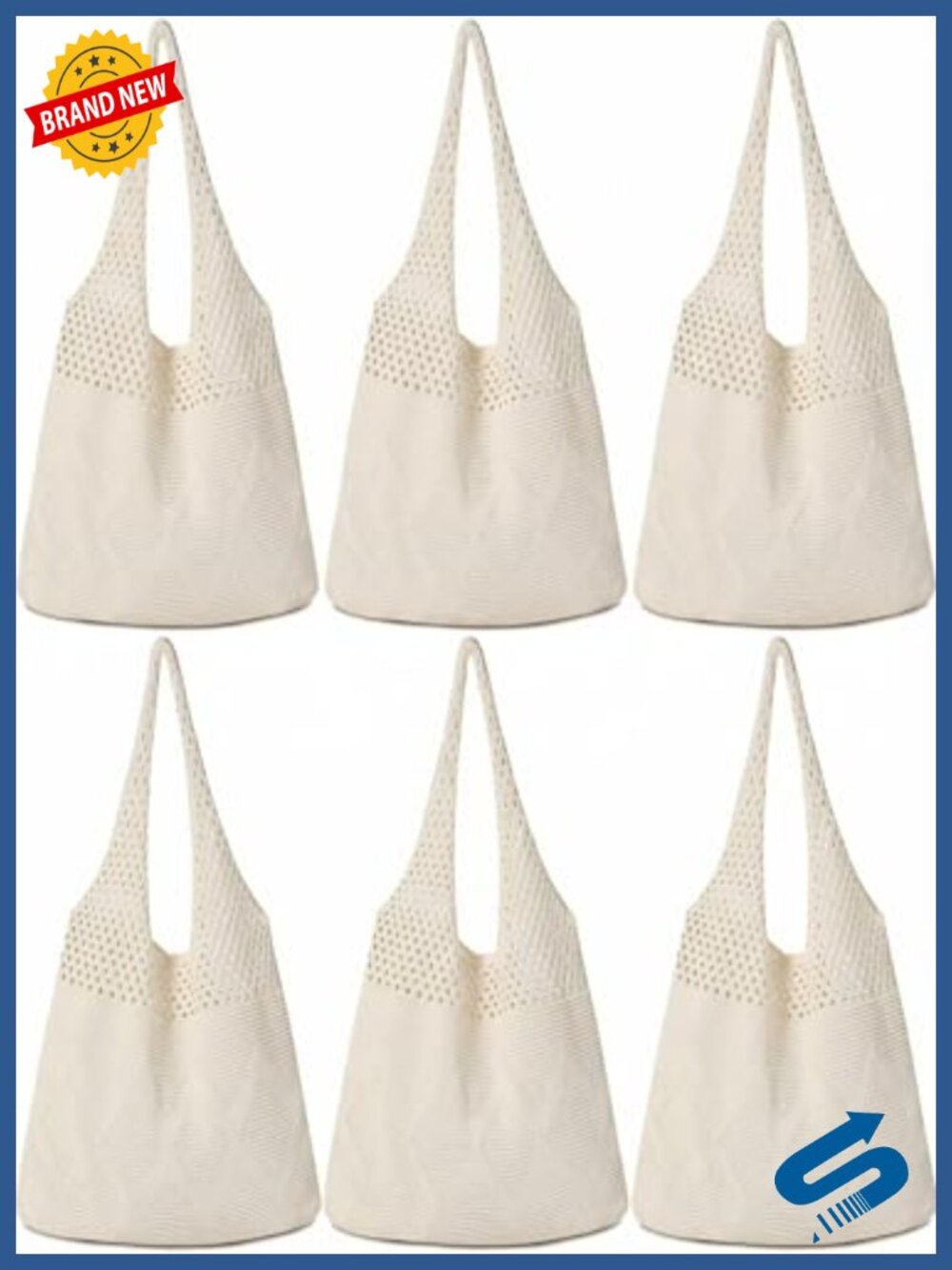 6 Pack Beige Crochet Tote Bags for Women Mesh Beach Bag Hollow Out Knit